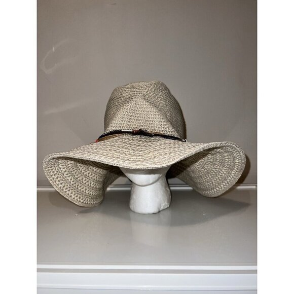 SCALA COLLEZIONE Womens Paper Wide Brim Sun Taupe Beaded Strap One Size